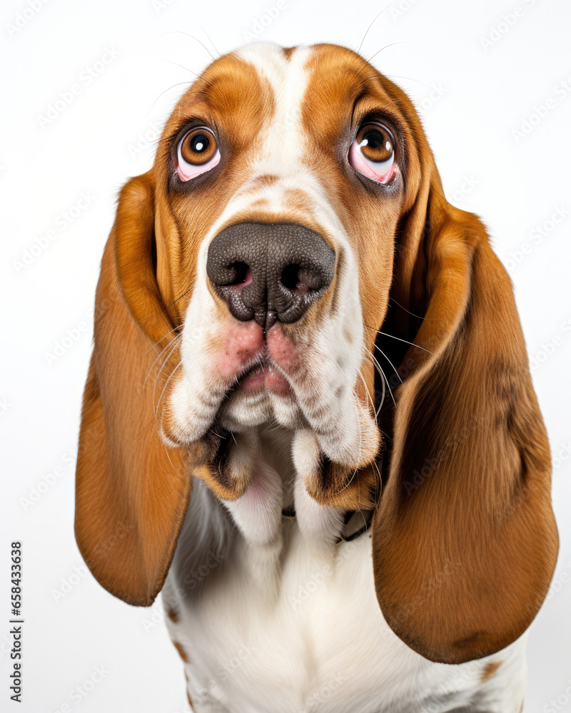 Closeup photo of a Basset Hound pet dog with big ears and eyes looking up with a guilty expression