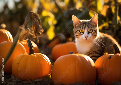 A cute cat sitting in a pumpkin patch ready for harvest in the autumn fall season