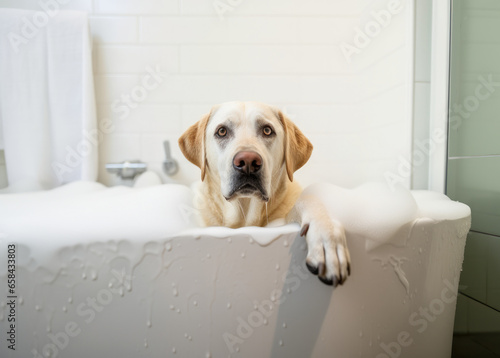 A cute yellow Labrador Retriever Dog sitting in a bathtub filled with bubbles, looking at camera 