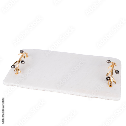 luxury marble service tray with golden details isolated on white