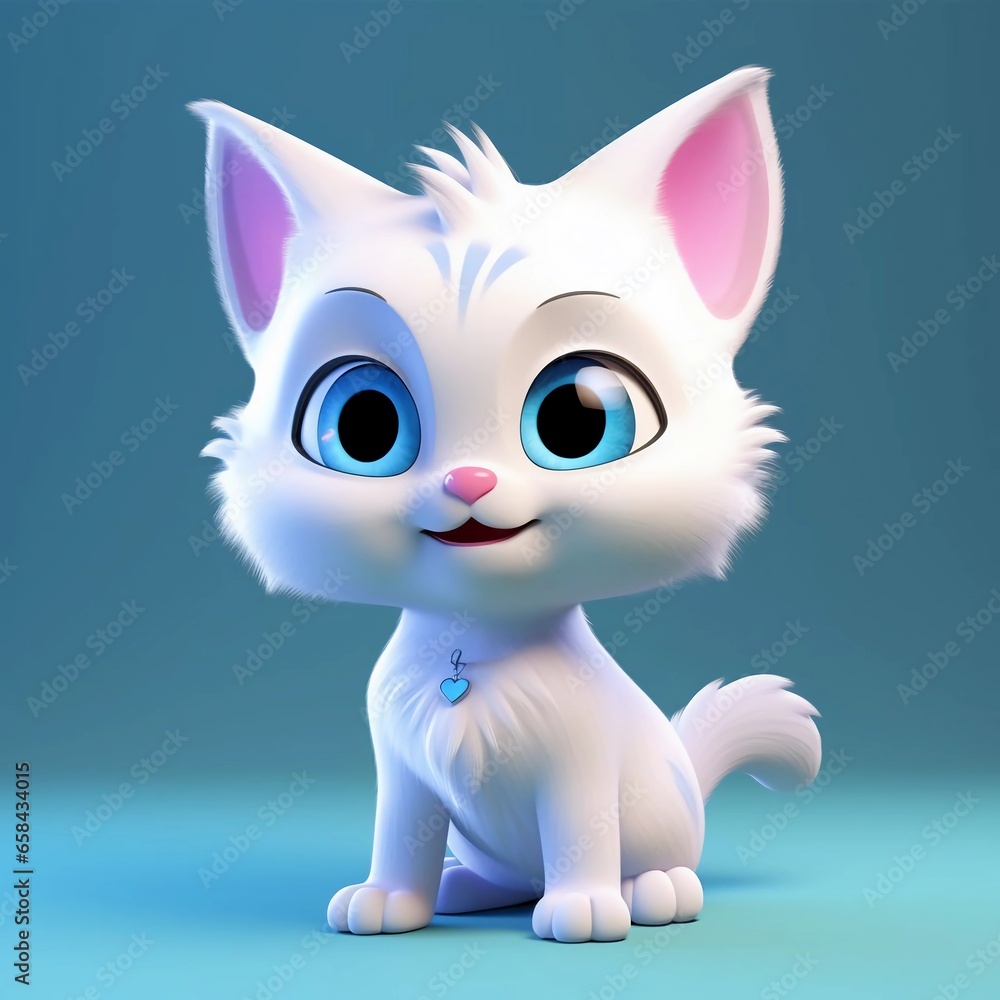 3D cartoon character of white cat with cute blue eyes