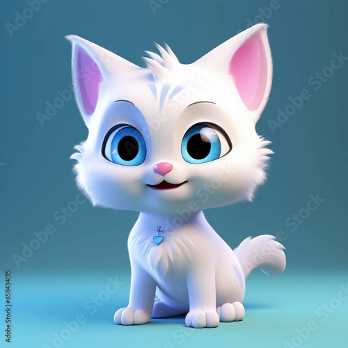 3D cartoon character of white cat with cute blue eyes © q