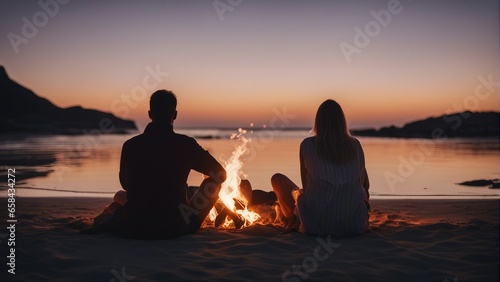 silhouettes of people having fun around a bonfire  sitting and watching the sunset