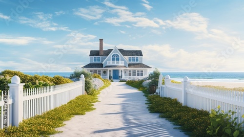 A coastal luxury home with a Cape Cod design, white picket fence, and a path leading to the beach. Keep the bottom-left corner free for text. photo
