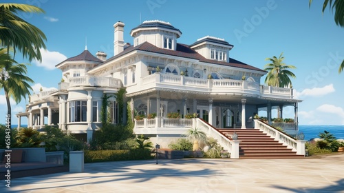 A colonial beachfront mansion with intricate woodwork, expansive verandas, and a grand staircase leading to a sandy beach. Keep the bottom-right corner open for a logo. © ZUBI CREATIONS