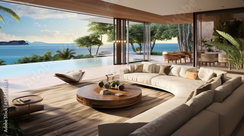 A contemporary beach villa with floor-to-ceiling windows offering uninterrupted views of a private cove.