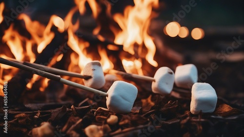 marshmallows toasting on a stick over a campfire