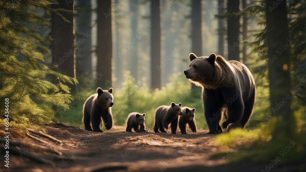 brown bear and bear cubs in the forest at sunset brown bear and bear cubs in the forest at sunset
