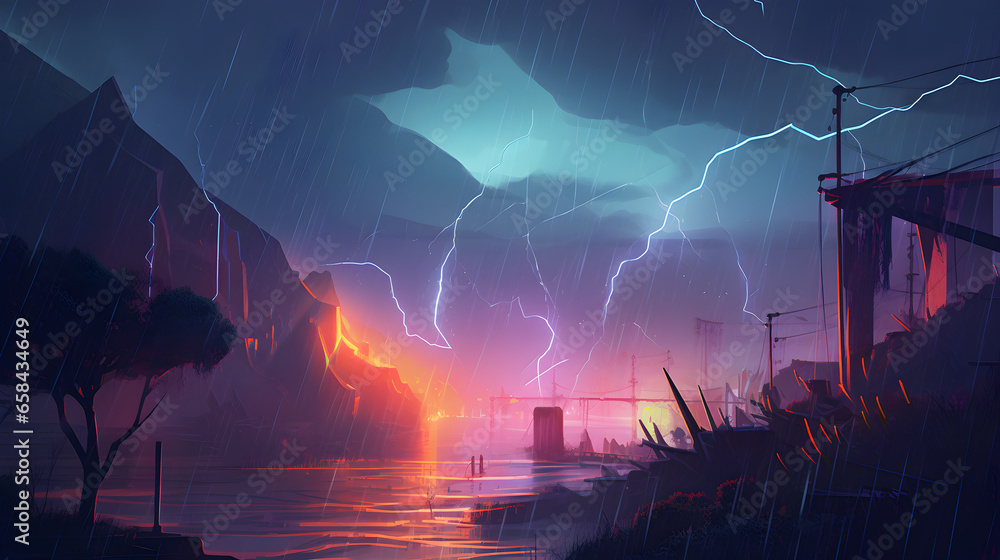 A cyberpunk style landscape of a lightning storm over a city