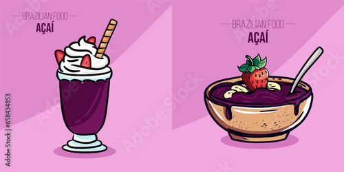 A bowl and cup with açaí (acai) smoothie with fruits such as strawberry and banana vector
