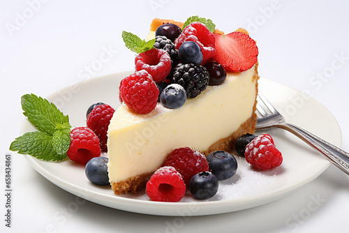 A slice of homemade cheesecake with berries on top.