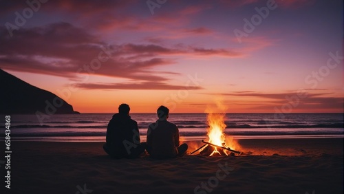 Lovely couple sitting at the beach near the bonfire and watching the sunset