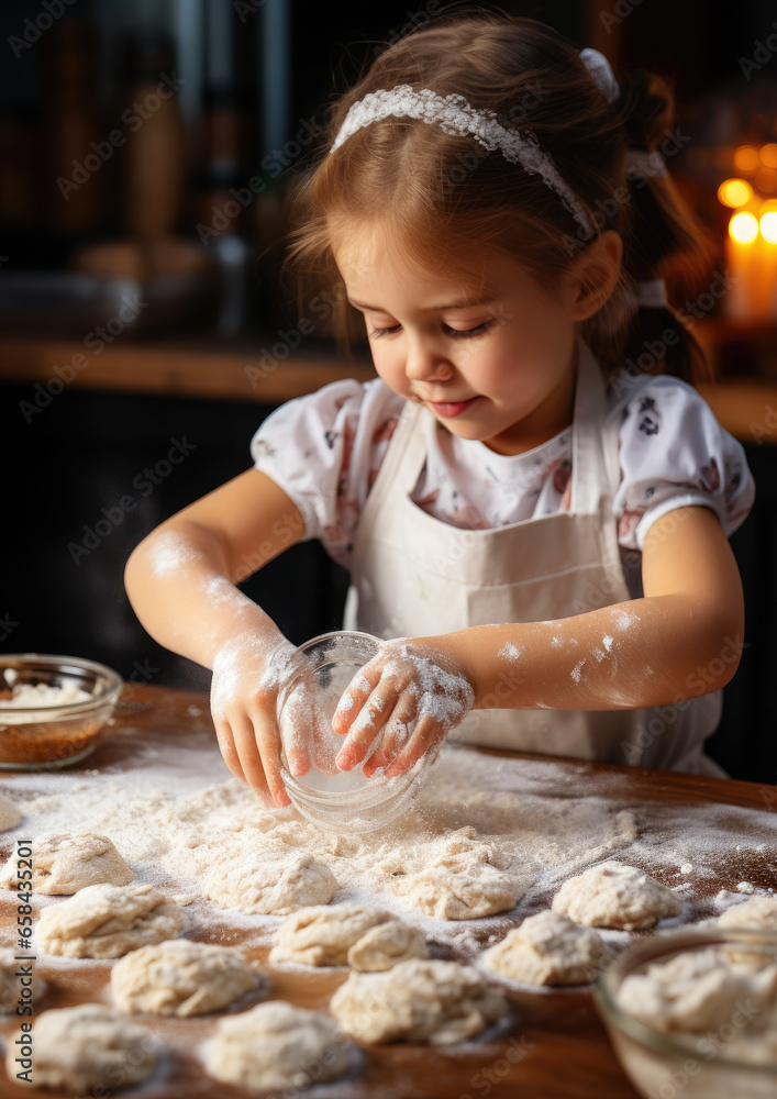 Generative AI, a small child makes cookies, pie, pies from dough, hands of a boy or girl, kitchen, cooking, baking, flour, table, kid, pizza, gingerbread, childhood, baby, toddler, still life, home