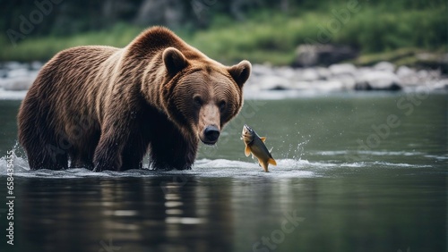 A wild and large bear fishing in a river in the wilderness