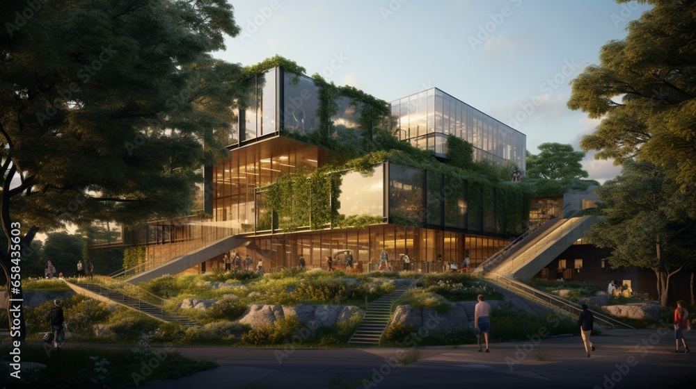 A library with an eco-friendly exterior, incorporating green walls, solar panels, and sustainable materials to emphasize environmental consciousness.