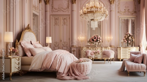 A luxurious bedroom in blush pink and gold, featuring antique furniture, chandeliers, and glamorous accents.