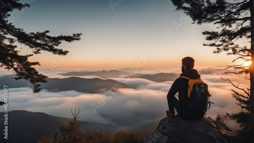 hiker watches the foggy sunrise from the top of the mountain