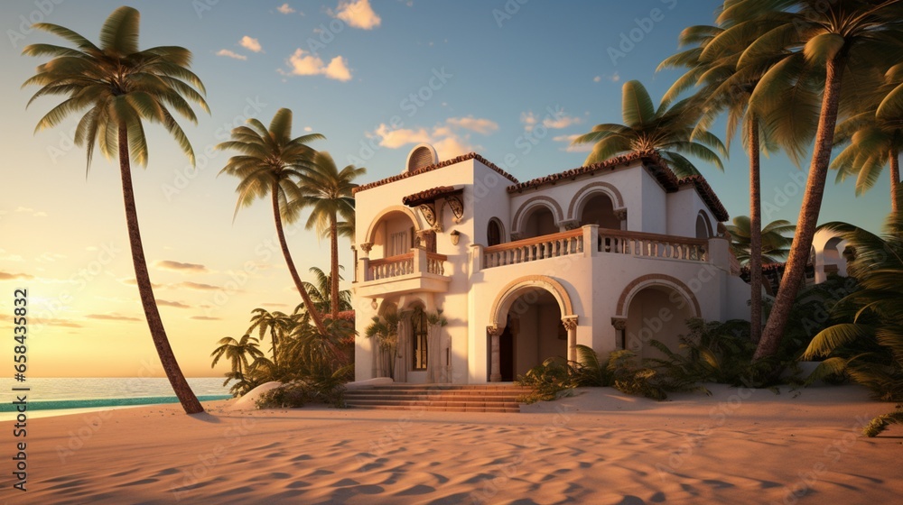 A Mediterranean-inspired beach home with arches and stucco walls, situated beside a palm-lined beach at sunset.
