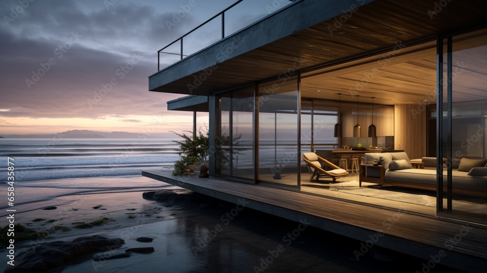 A modern beachfront home with sliding glass doors that open to a deck overlooking the ocean, captured during low tide. Keep the bottom-right corner open for a logo.