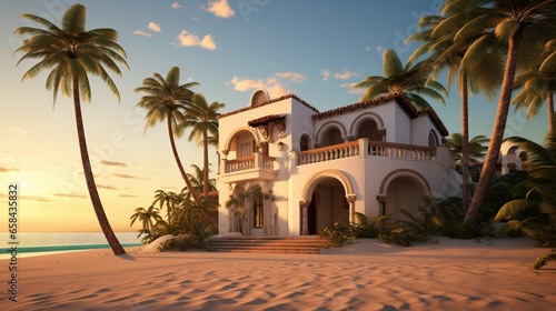 A Mediterranean-inspired beach home with arches and stucco walls, situated beside a palm-lined beach at sunset. © ZUBI CREATIONS