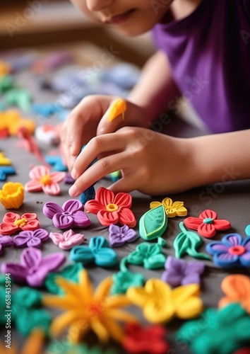 Generative AI  small child sculpts flowers from plasticine  hands  fingers  hobby  early development  kindergarten  modeling  kid  baby  do it yourself  crafts  fine motor skills  toddler  clay