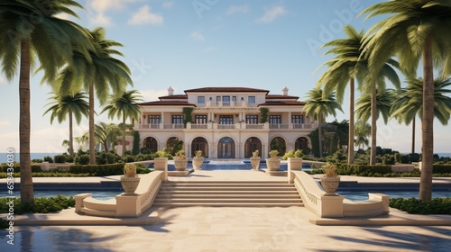 A palatial beach estate with fountains  Roman pillars  and a long cobblestone driveway  framed by palm trees and overlooking the ocean. Leave the top-right corner open for branding.