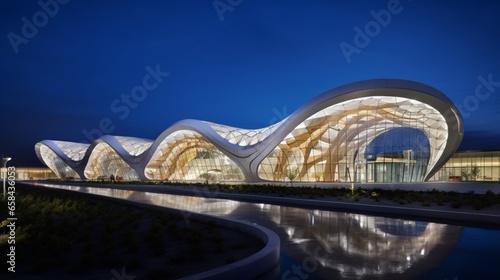 A panoramic view of the airport exterior at night, illuminated by elegant lighting that accentuates architectural features.