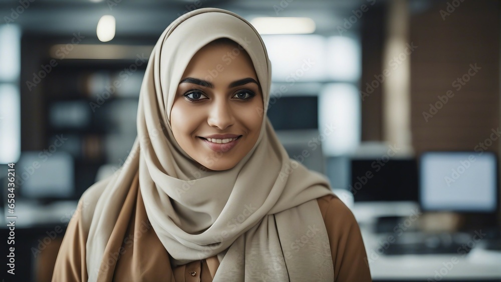 The portrait of a veiled Muslim intern taken in the office The portrait of a veiled Muslim intern taken in the office