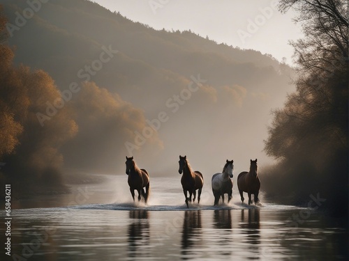 Wild herd of horses running in the cold and misty weather by the river © abu