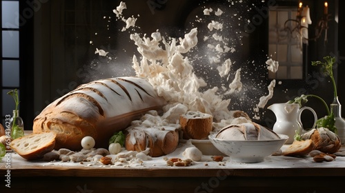 Capture the dynamic interplay of rustic, homey sourdough bread and the poetic cascade of flour, suspended in an elegant ballet of high-speed . Generative AI