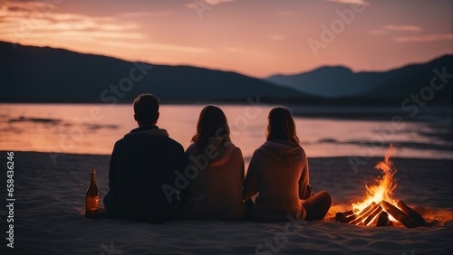 silhouettes of people having fun around a bonfire, sitting and watching the sunset