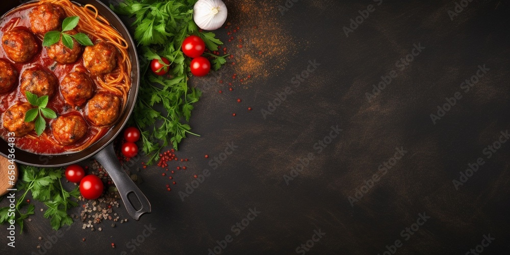 Spaghetti pasta with meatballs in tomato sauce with parsley in frying pan, dark table background, top view. Banner, copy space : Generative AI Spaghetti pasta with meatballs in tomato sauce with parsley in frying pan, dark table background, top view. Banner, copy space : Generative AI