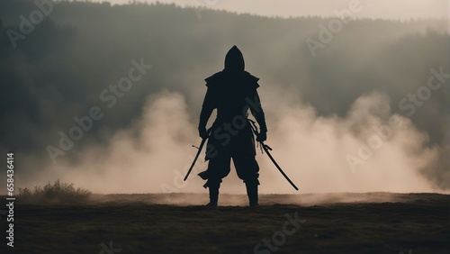 silhouette of a ninja fighter in smoke and fog photo