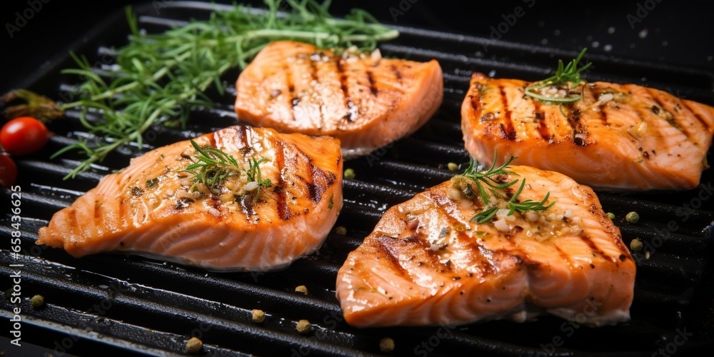 Grilled salmon fillets steaks with salt pepper and herb on grill. Gray background. Top view. Copy space : Generative AI Grilled salmon fillets steaks with salt pepper and herb on grill. Gray background. Top view. Copy space : Generative AI