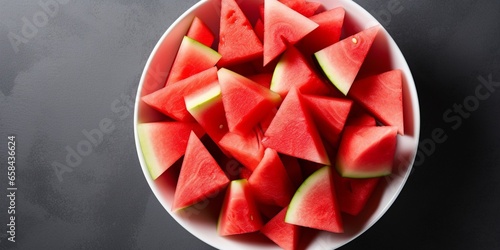 Triangular pieces of watermelon in a white bowl on a gray background. Top view. Fruit snack. Copy Space : Generative AI