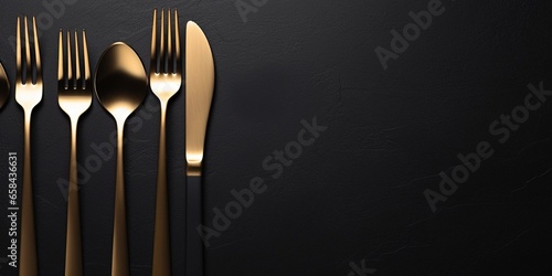 Set of stylish black and gold cutlery on black background. Dark and moody vibes. Fashionable and luxury eating. Flat-lay, top view. Copy space for your text. : Generative AI photo