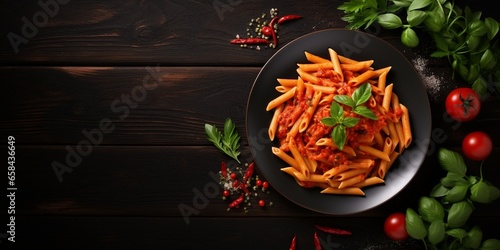 Top view plate Penne All'arrabbiata pasta cooked according to a traditional Italian recipe with copy space : Generative AI photo