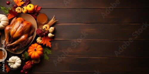 Traditional Thanksgiving turkey dinner. Top view double border on a dark wood banner background with copy space. Turkey, mashed potatoes, dressing, pumpkin pie and sides. : Generative AI photo