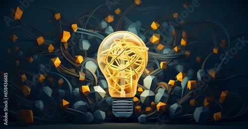 a light bulb is coming from a tangled bunch of paper. clarifying complex ideas theme with light bulb. light navy and yellow. graphic lines. generative AI