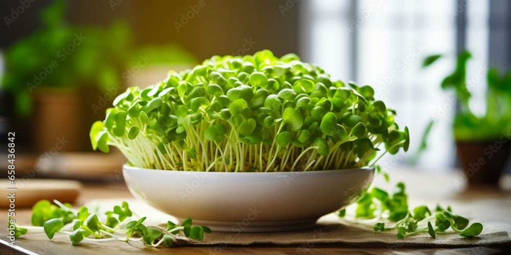 vegetables green fresh young sunflower sprouts on bowl for cooked food healthy are valuable for nutrition. copy space, design on wooden table. seedling organic concept. : Generative AI