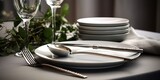 Holiday table place setting. Empty plate spoon fork and knife on table. Elegant table set with glasses. Grey dishes on white kitchen. Tableware. : Generative AI
