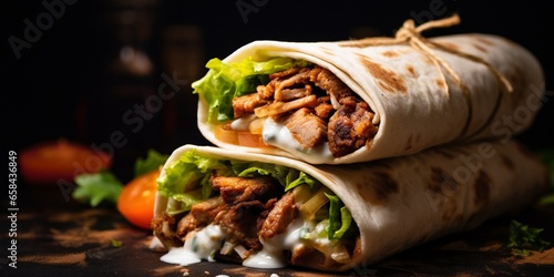 Chicken shawarma durum doner kebab copy space. kafta shawarma chicken pita wrap roll sandwich traditional arab mid east food : Generative AI photo