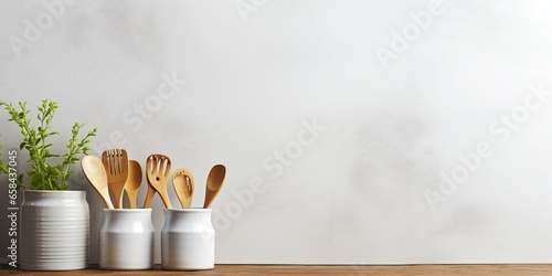 Kitchen utensils background with a blank space for a text, home kitchen decor concept, front view : Generative AI photo