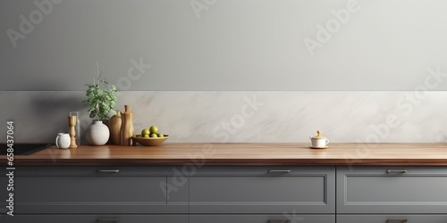 Front view of elegant interior with gray drawers under kitchen cabinet. empty wooden table and marble countertop in room. modern equipment for cooking. well organized space for storage : Generative AI © Generative AI