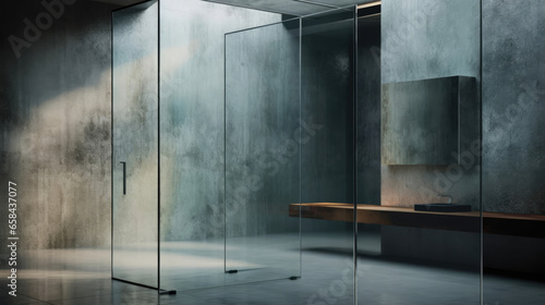 Modern bathroom with detailed granite and glass features, offering a wide, sunlit space with a window