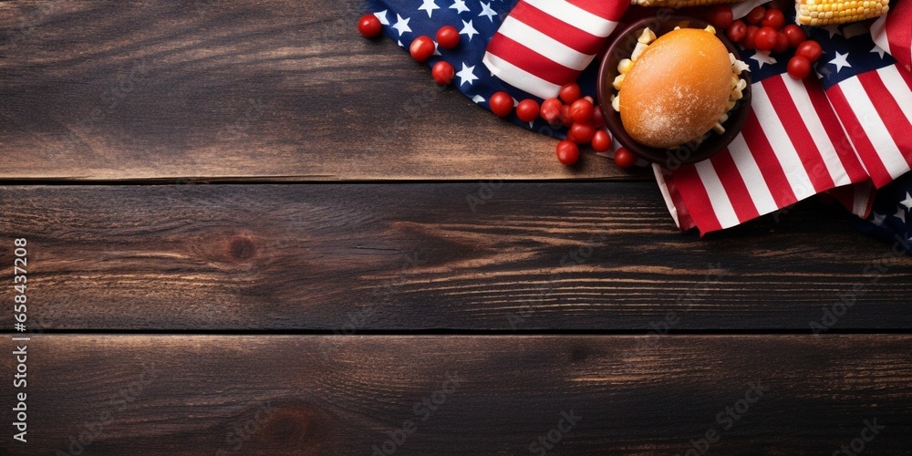 Obraz premium Table with food for USA 4th July Independence Day. Fourth July party or picnic food with burgers, chicken wings, corn, fries and beer, decorated with american flags, top view, copy spa : Generative AI