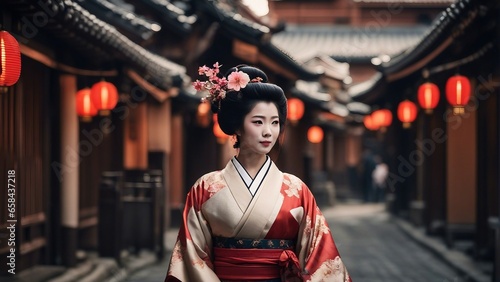 Portrait of a geisha adorned in traditional attire photo