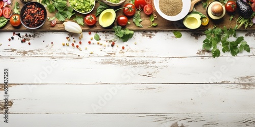 Taco bar top border with an assortment of ingredients. Overhead view on a rustic white wood banner background. Mexican food buffet. Copy space. : Generative AI photo
