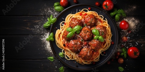 Italian pasta. Spaghetti with meatballs and parmesan cheese in black plate on dark rustic wood background. Dinner. Top view. Banner. Slow food concept : Generative AI