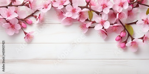 Two spring flowering branches with a lot of pink blossoms on white wooden background. Rustic composition, many spring tree flowers on vintage wood textured table. Close up, copy text s : Generative AI